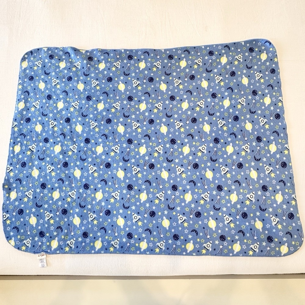 Kidgets Space Planets Rocket Spaceship Plush Velour Blue Baby Blanket 30x40